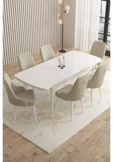 Mazaka Beyaz 80x132 Açılabilir Mdf Masa Yemek Odası Takımı, Mutfak Takımı 6 Adet Sandalye Krem