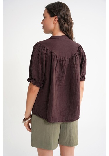 4725 Kadın Büzgü Robalı Kolu Fırfırlı Müslin Gömlek Kahve Kahve