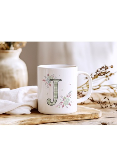 J Harfli Çiçek Desenli Kupa Bardak - Ekose Desenli Yeşil Pembe Desenli Tasarım - Kişiye Özel Hediye Beyaz