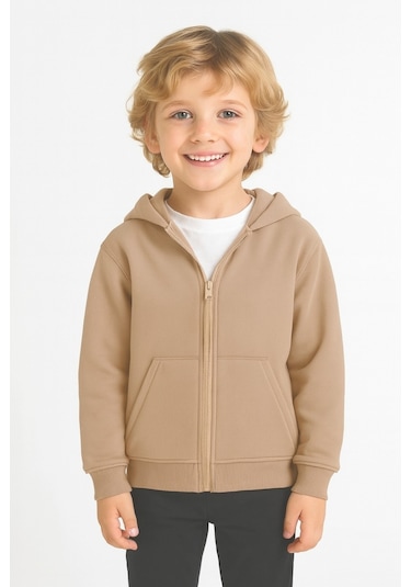Kız - Erkek Çocuk Basic Fermuarlı Kalın 3 İplik Kışlık Okul Sweat Ak1815 Bej