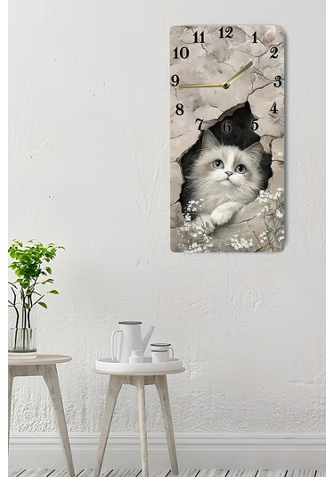 Uv Baskı Mdf Tablo Saat 30x60 Cm Sevimli Kedi Desenli Usd249 Ahşap Saat Usd249