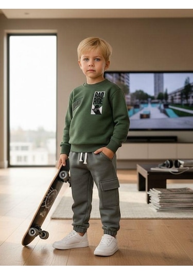 Zekids Erkek Çocuk Şardonlu Baskılı Eşofman Takım-16398 Yeşil