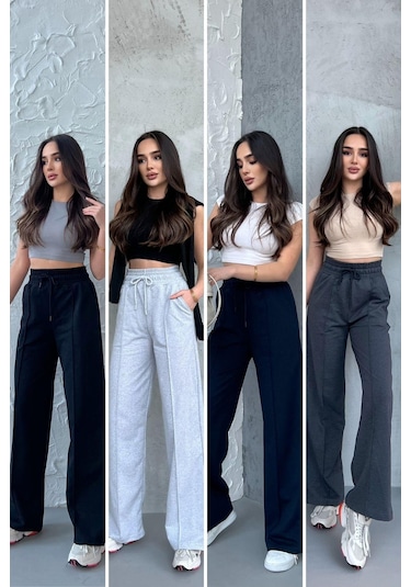 Siyah-lacivert-gri-antrasit Kadın Mevsimlik Salaş Geniş Paça Yüksek Bel 4'lü Eşofman Altı Siyah - Lacivert - Antrasit