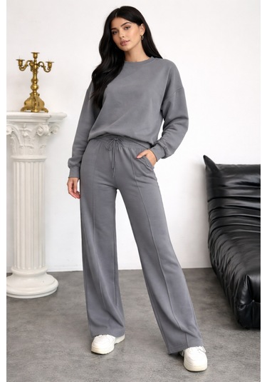 Balenbi Oversize Bisiklet Yaka Basic Modal Kadın Takım 1206 - Form Serisi Gri