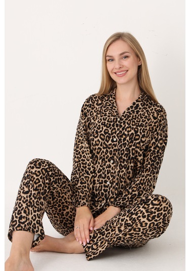 Nbb Kadın Leopar Desen Wild Önden Düğmeli Pijama Takım LEOPAR