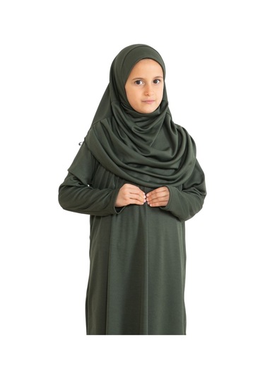 İki Parça Çocuk Elbisesi Seti Eşarp İle Takım Haki