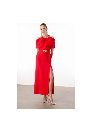 Moda İlgi Kadın Yakası Ve Kemeri Aksesuar Detaylı Elbise 0007 Kırmızı Kırmızı