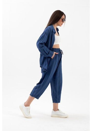 Krinkıl Kumaş Keten İkili Takım - İndigo-indigo İndigo