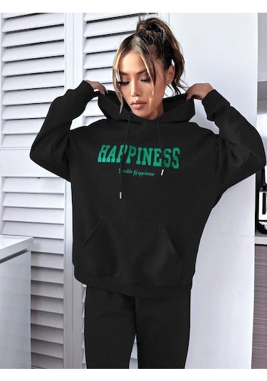 Happiness Eşofman Takımı Sweatshirt Jogger - Siyah Baskılı Oversize Şardonlu Kapüşonlu Siyah