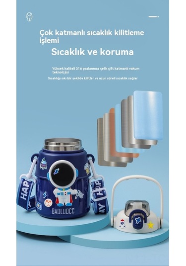 Skycity Uzaylı Desenli 850ml Termos Bardak, Pipetli Su Kâsesi, Yıldızlı Mavi Büyük Kupa + Sticker + 3d Yapıştırıcı MAvi