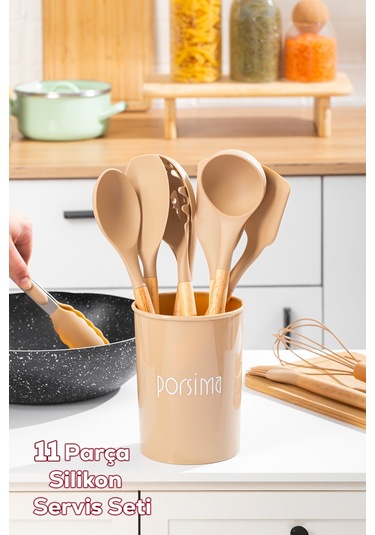 Porsima 3164 Standlı Bambu Silikon 11 Parça Servis Takımı Seti Kapicino