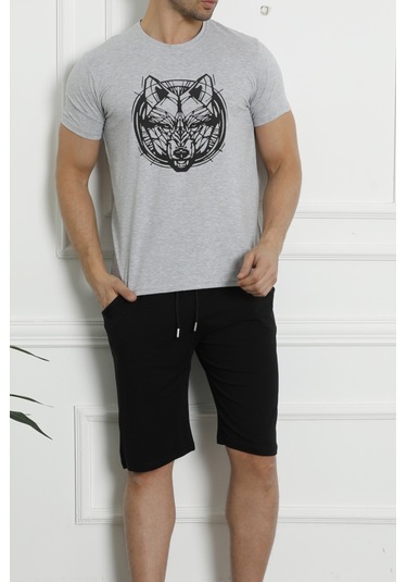 Erkek Pijama Takımı Kısa Kollu Cepli Pamuk 3 Lu Set Bermuda Şort Kurt Baskılı Gri Nıc1059 R09 Gri