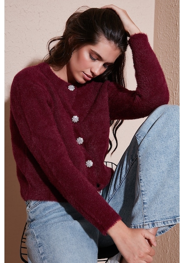 Lela Fitted Fit Bisiklet Yaka Yumuşak Dokulu Crop Bayan Hırka 4615559 Bordo