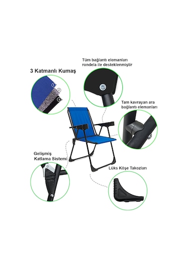 Silva 4 Adet Kamp Sandalyesi Bardaklıklı Lüks Mavi + MDF Masa Mavi