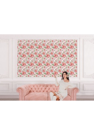 Pembe Çiçek Ve Yaprak Desenli Duvar Kağıdı-5588 Çok Renkli