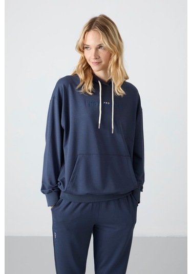 Tommy Life Petrol Kapüşonlu Kanguru Cep Oversize Lastik Paça Kadın Eşofman Takımı - 95288 Petrol