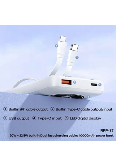 Tongxida Remax Rpp-37 10000mah Güç Bankası 20w+22.5w İphone Uyumlu Android Çift Hızlı Şarj Dahili Kablolar Beyaz Beyaz