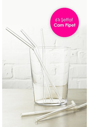 6 Adet Şeffaf Cam Eğimli Pipet - Cam Pipet 6'lı