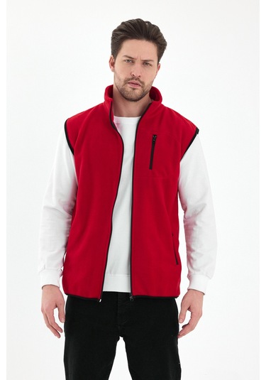 Monox Erkek Tam Fermuarlı Spor Polar Yelek Kırmızı