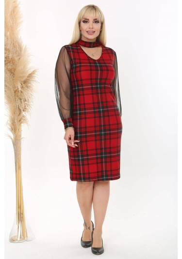 Kadın Kırmızı Siyah Ekose Desen Yaka Detay Tül Kol Büyük Beden Esnek Süet Elbise Kırmızı
