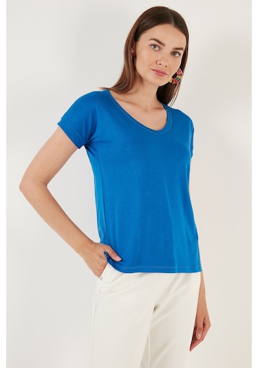 Lela V Yaka Rahat Kesim Yırtmaçlı Bayan Bluz 5862000 Saks