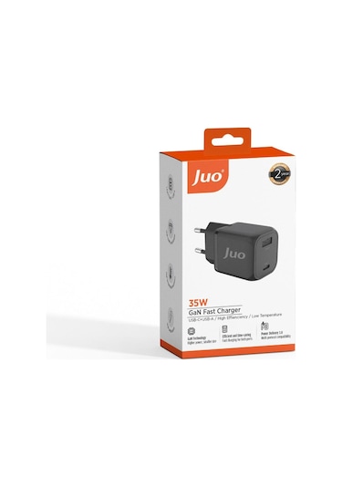 Juo 35W GaN USB-C + USB-A Şarj Aleti iPhone & iPad & Samsung PPS Uyumlu PD QC4.0 Type-C Hızlı Şarj Cihazı Siyah