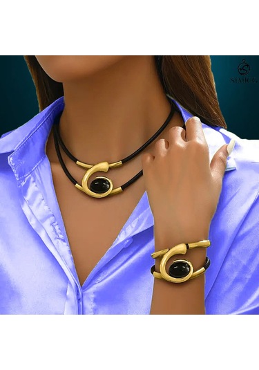 Bohem Tarzı Kolye Bilezik Seti Siyah Akrilik Salyangoz Seti Altın