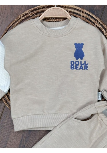 Ayıcık Baskılı Bisiklet Yaka Düğme Detaylı 2'li Bebek Takım Bej