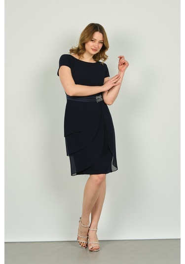 Vals Kadın Yarım Kol Aksesuar Detaylı Araboy Şifon Abiye Elbise 22-176 Lacivert