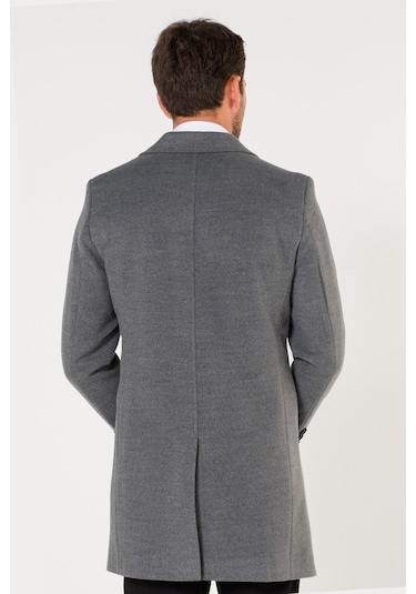 Slim Fit V Yaka Kışlık Gümüş Gri Erkek Kaşe Kaban-Gümüş