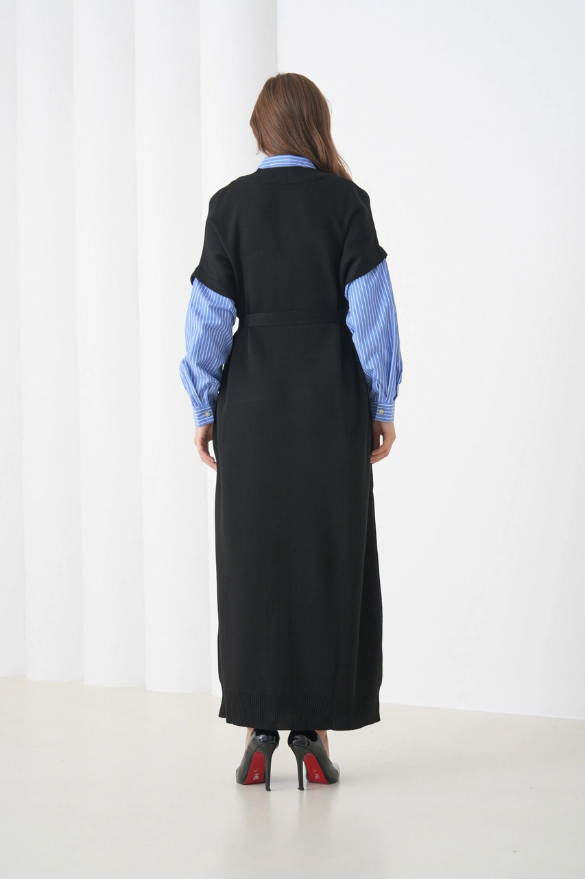 Kadın Uzun Kol Gömlek Yaka İçi Gömlekli Triko Kuşaklı Triko Spor Şık Elbise Siyah