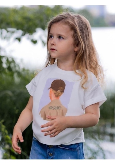 Escabel Kız Çocuk Pamuklu Kız Figürlü T-shirt-14121 Ekru