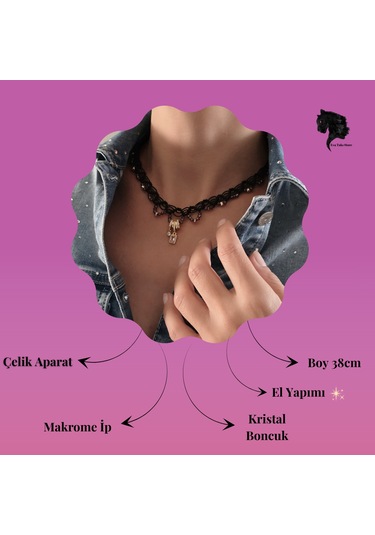 Makrome Bohem İp Örme Yavru Ağzı El Yapımı Bağlamalı Kolye Siyah