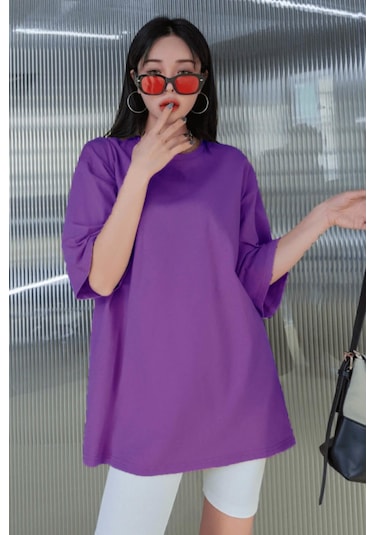 Mor Basic Düz Baskısız Oversize Salas Boyfriend Kadın T-Shirt Mor