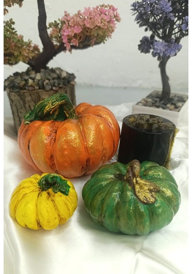 Artepieza Kabak Figürlü Dekor Seti Doğal Masa Süsleri-kabak & Mum Seti-biblo Dekoratif Set B. Boy Turuncu 10 cm