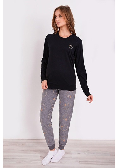 Arnetta 2180 Smile Siyah Kadın Uzun Kol Pijama Takım Siyah