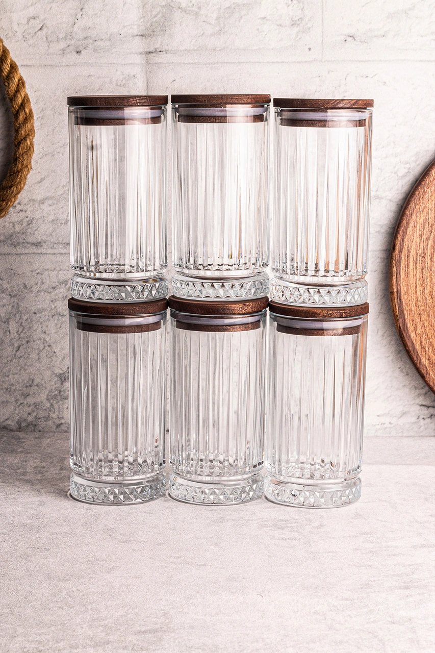 Mira 6'lı Ahşap Vakumlu Kapaklı Cam Saklama Kabı 450 Ml 6 Adet Ahşap