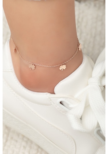 Papatya Silver Yonca Pullu Rose Altın Kaplam 925 Ayar Gümüş Halhal Uvps800004 Pembe