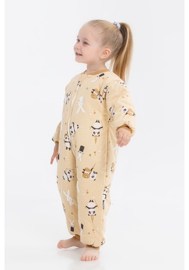 Kız Erkek Çocuk Kalın Elyaf Dolgulu 2.5 Tog Desenli Uyku Tulumu-krem Krem