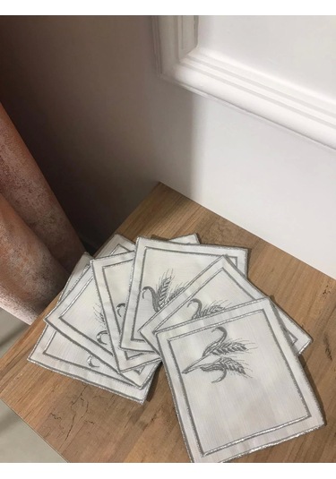 Nivemeshome Başak Nakışlı Gümüş Kare 6 Adet Keten Kokteyl Peçetesi Kahve Yanı Sunumluk Gümüş