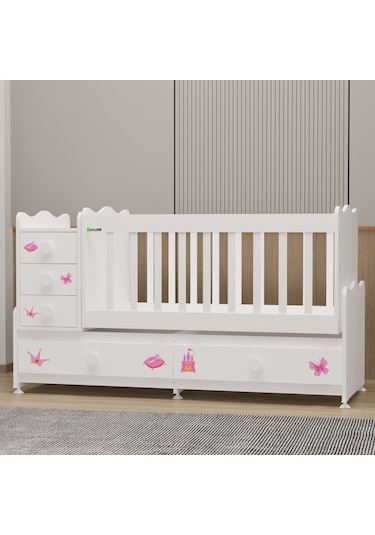 Garaj Home Melina Mdf Çıtalı Beşik + Yatak + Uyku Seti - Prenses Beyaz