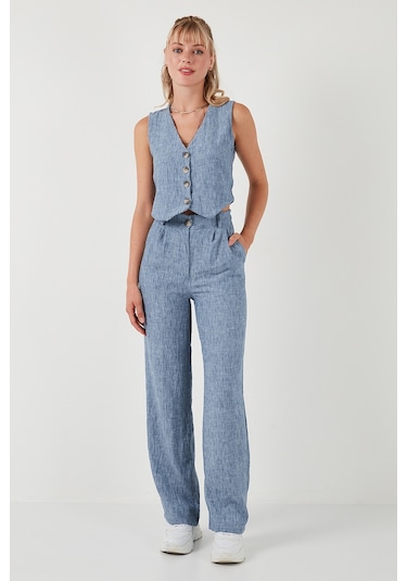 Lela Regular Fit Bol Paça Yelekli Bayan Takım 67045162S4 Indigo