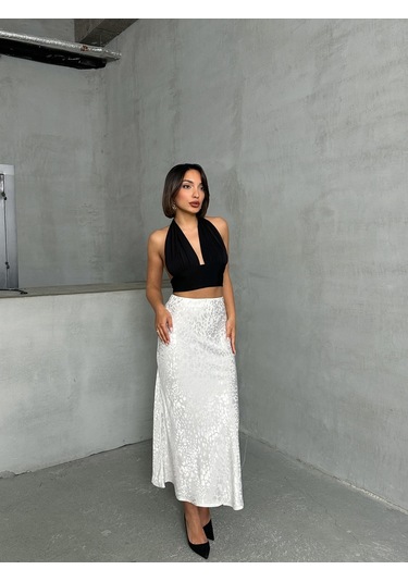 Kadın Leopar Desenli Uzun Saten Etek Beyaz