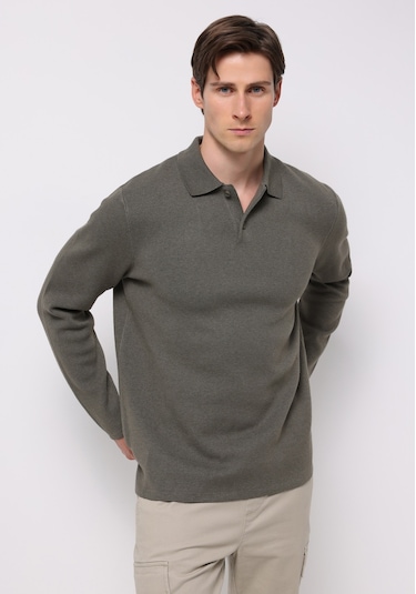 Colins Regular Fit Polo Yaka Jakarlı Erkek Yeşil Kazak Cl1076234 Q1.v2 Kha Haki