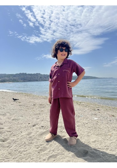 Cebi Nakışlı Gömlek Pantolon Keten Erkek Çocuk Takım Mürdüm Mürdüm