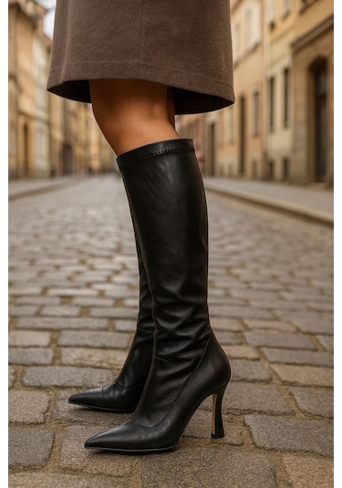 Diz Altı Streç Kadın Topuklu Çizme Siyah