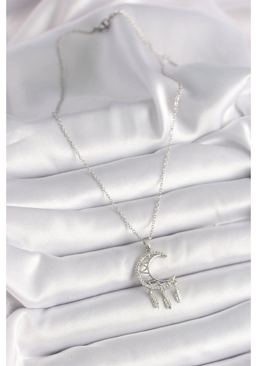 Gümüş Renk Zincir Zirkon Taşlı Hilal Model Sallantı Yaprak Detay Kadın Kolye - Ebj241228w30259 Bakır