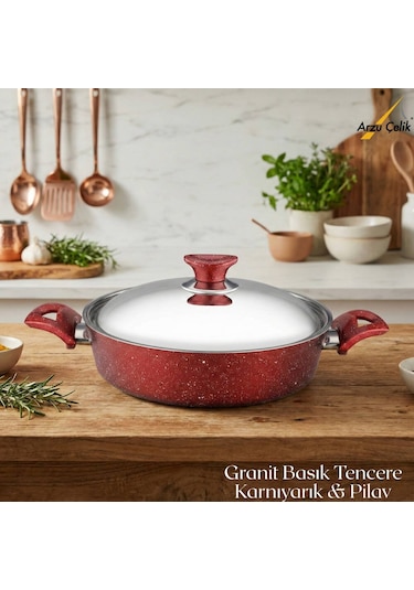 26 Cm Granit Karnıyarık & Pilav Tenceresi Çelik Kapak - Kırmızı Kırmızı