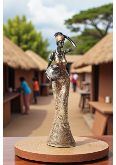Lüks İşlemeli Geleneksel Yerel Kıyafetli Afrikalı Kadın Heykeli Dekoratif Biblo Ev Ofis Hediyesi Md1