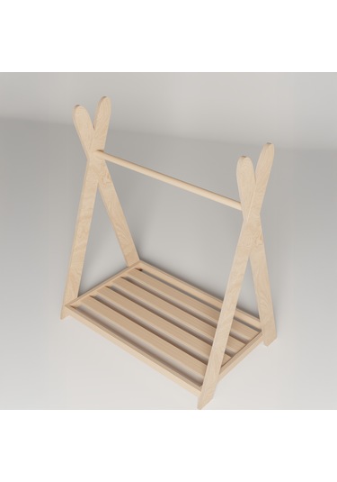 Montessori Ahşap Açık Giysi Dolabı Çocuk Elbise Askılığı Ahşap